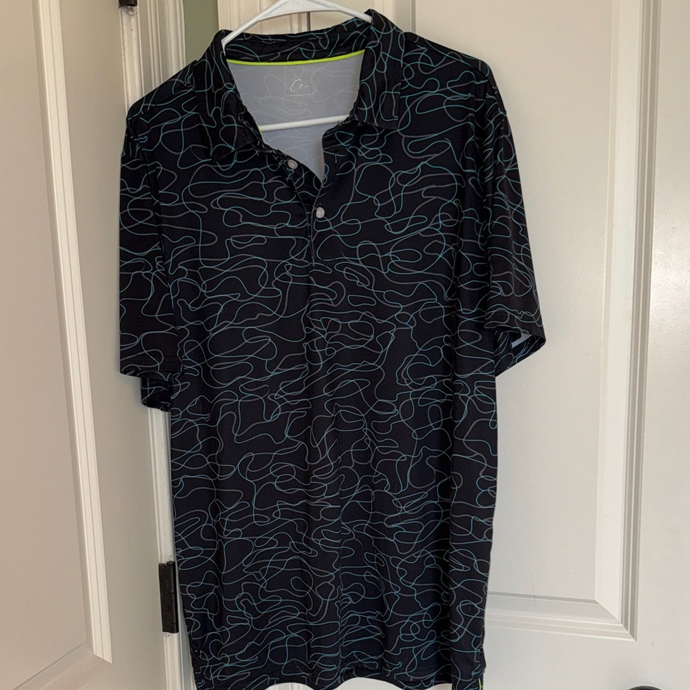 Men's Black Polo with Teal Line Print